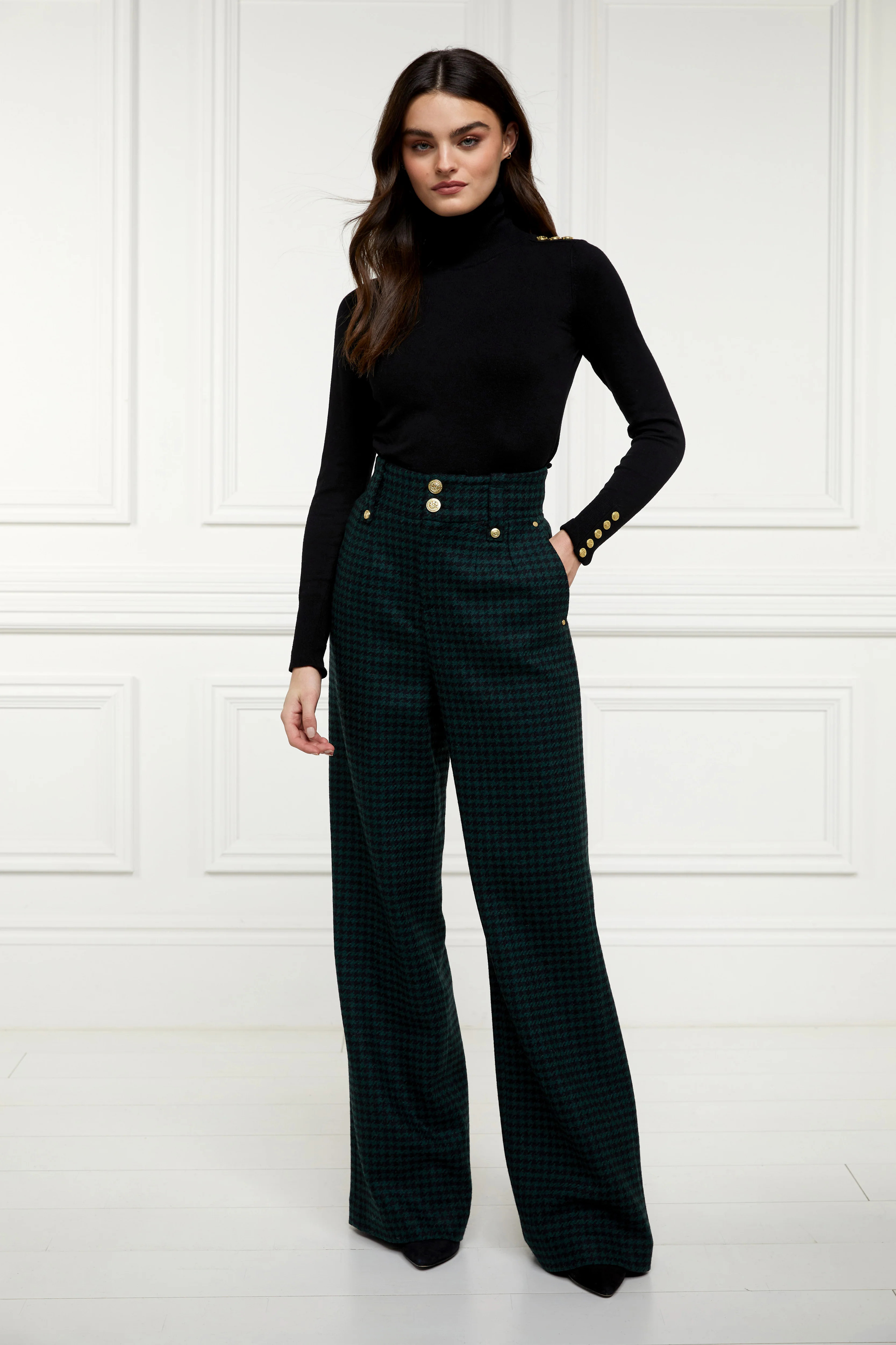 High Waisted Straight Trouser (Emerald Houndstooth) | Holland Cooper