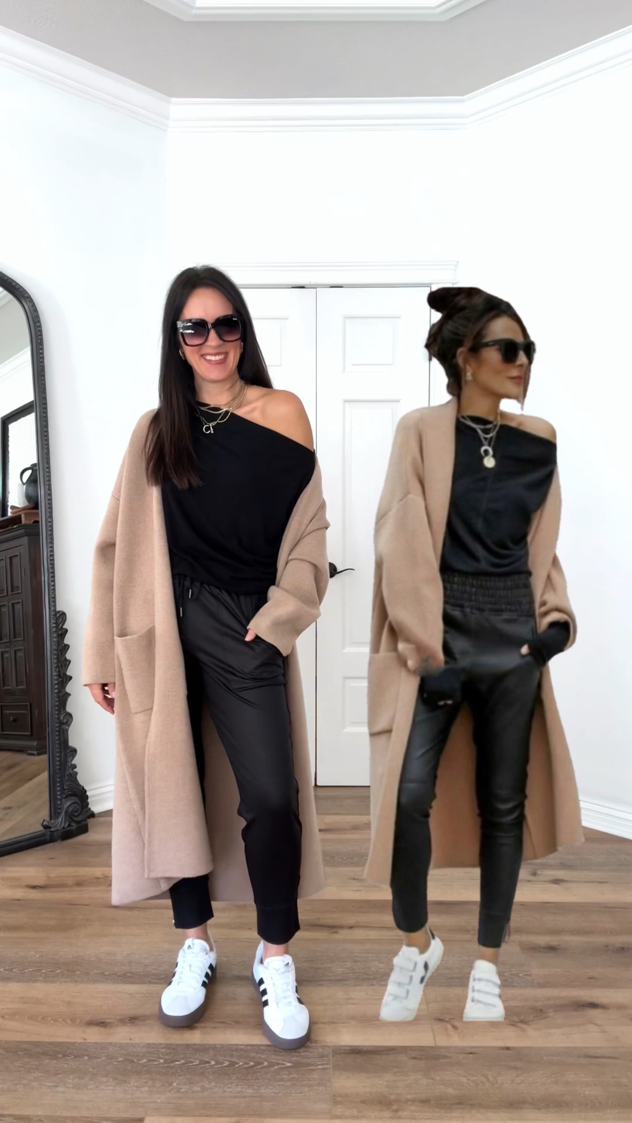 RESTOCKED!!! Last year’s best-selling joggers and coatigan are back in stock. Grab 'em while you can!

Sizing:
Anywhere Top from @Sixfifty Clothing-wearing small 
Coated joggers-also from @Sixfifty-size up, wearing large (I recommmenf sizing up!). 
Adidas court shoes-run TTS
Coatigan-Mango, oversized, wearing small 

Date night outfit | casual outfit | black joggers | off the shoulder top | holiday outfit | adidas sambas | quay sunglasses | Victoria Emerson necklace 

#LTKfindsunder100 #LTKover40 

#LTKStyleTip