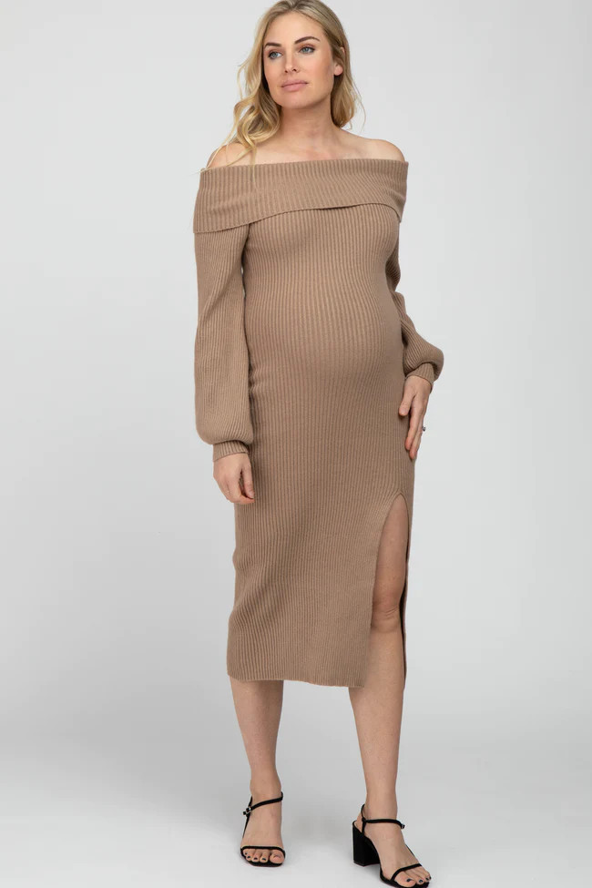 Mocha Ribbed Off Shoulder Maternity Sweater Midi Dress | PinkBlush Maternity