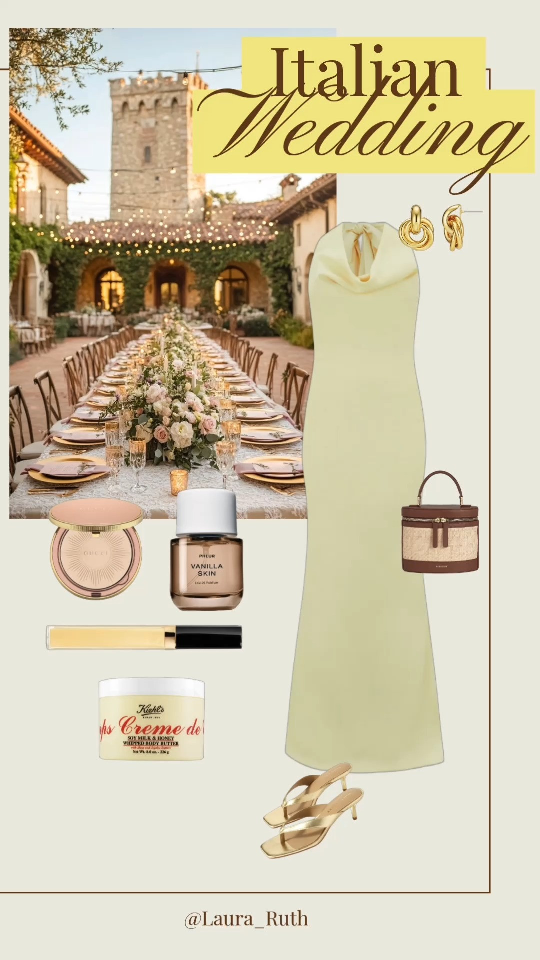 Italian Wedding Guest Outfit 🧈✨ Soft butter yellow, gold accessories, and warm vanilla scents... the dreamiest combination for a summer celebration. 

 #LTKsummer #LTKwedding #LTKdresses