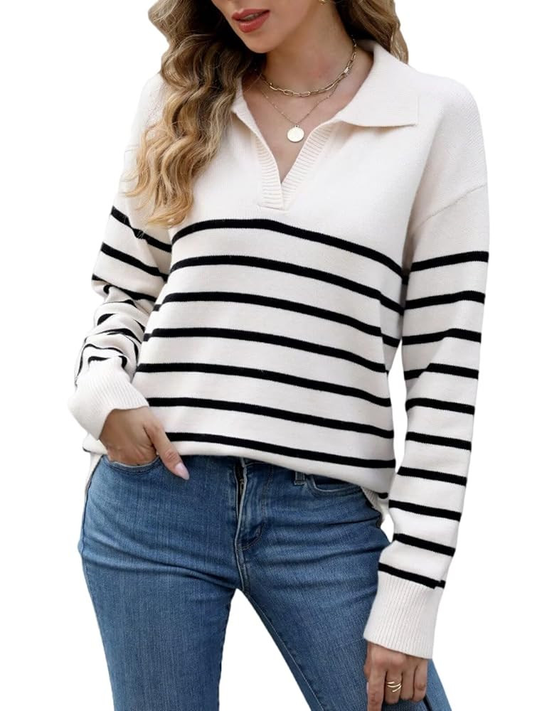 CiCiBird Women Fall V Neck Sweater Color Block Polo Long Sleeve Shirt Casual Loose Striped Pullov... | Amazon (US)