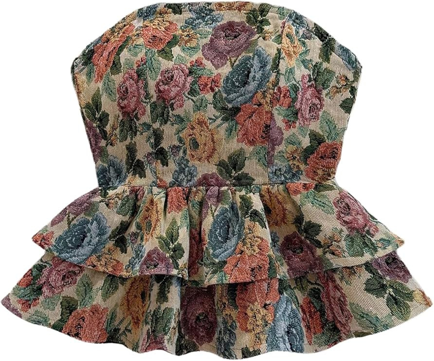 GORGLITTER Women's Floral Strapless Peplum Top Layered Ruffle Tie Back Tube Tops | Amazon (US)