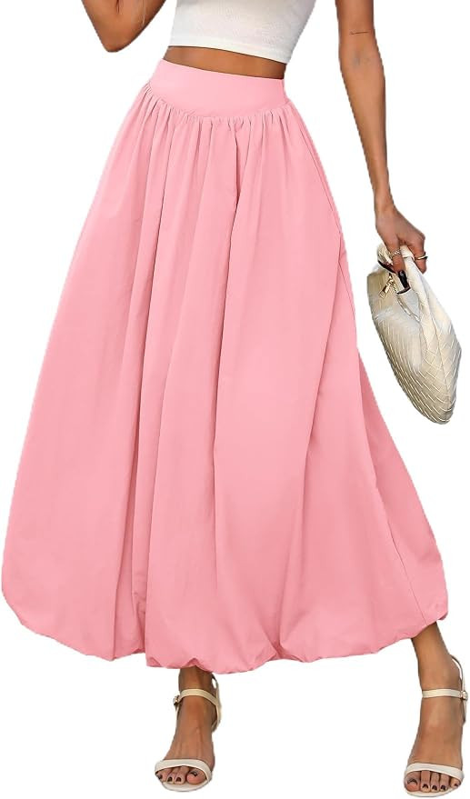ELLEVEN Women's Bubble Maxi Skirt, Elastic Waist Puffy Hem A-Line Skirt with Pockets | Amazon (US)