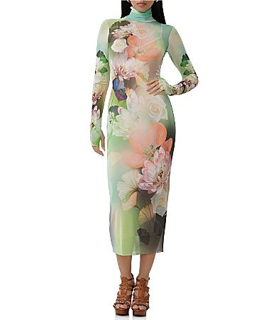 AFRM Shailene Floral Placed Print Turtleneck Long Sleeve Midi Dress - L | Dillard's