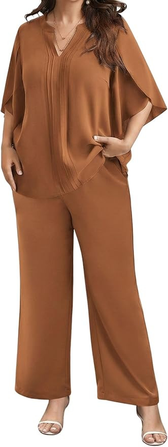 Theenkoln Plus Size Pantsuits:2 Piece Sets for Women Dressy 3/4 Sleeve Blouse Wide Leg Pant for W... | Amazon (US)