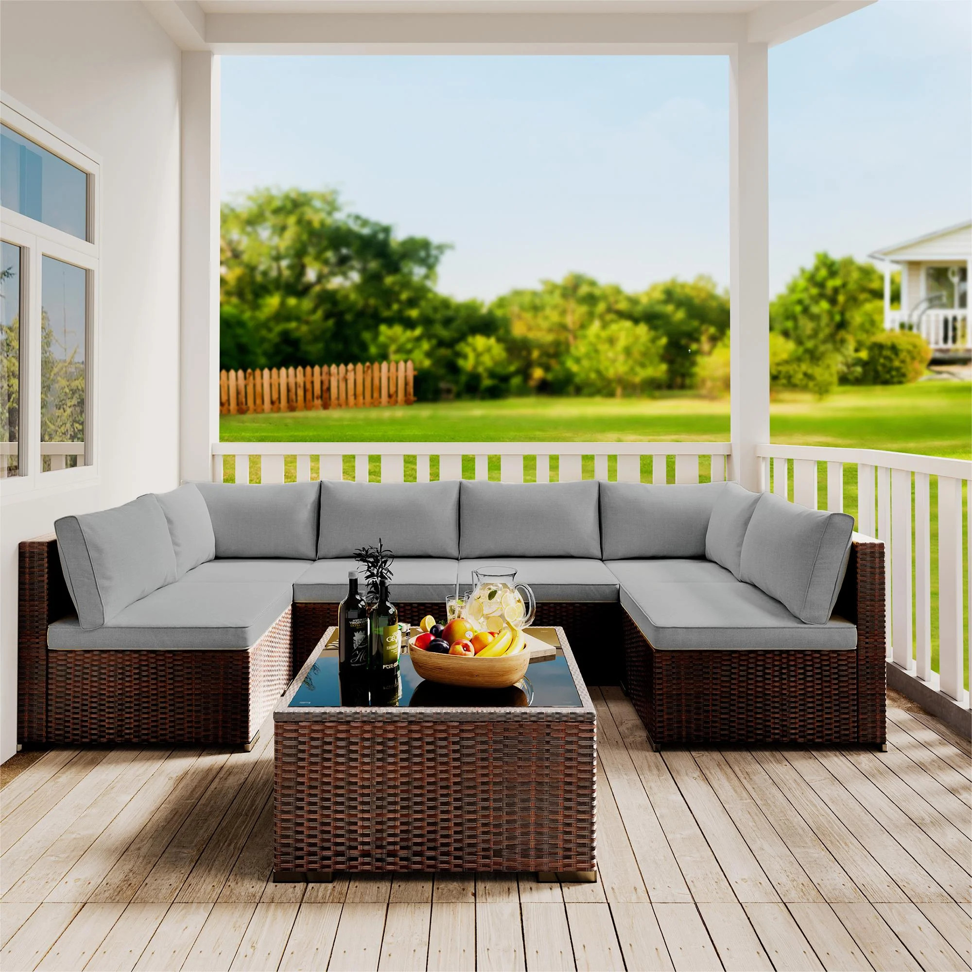 Patio Furniture Set Clearance, Lofka 7-Piece Outdoor Sectional Sofa Set with Glass Coffee Table f... | Walmart (US)