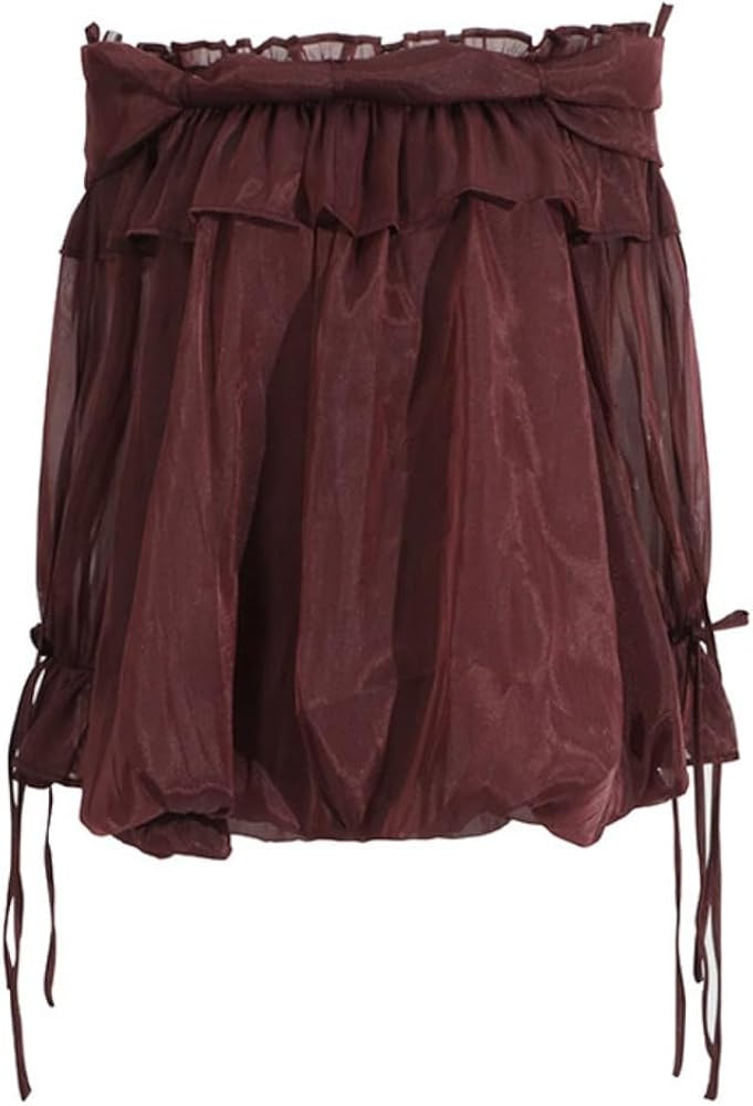 Women's Bow Lace Up Flowy Ruffle BlouseTop with Puff Sleeves Sheer Mesh Off-Shoulder Boho Beach G... | Amazon (US)