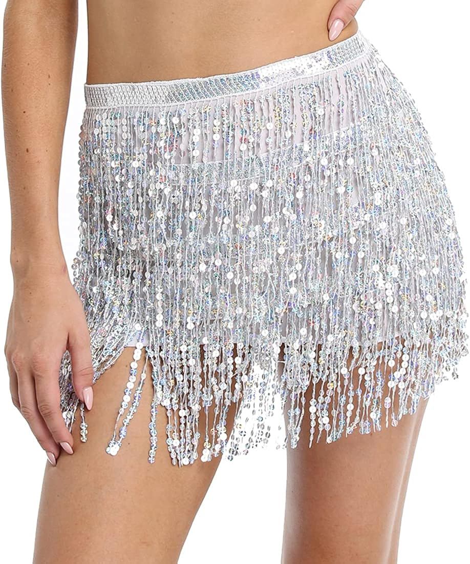 Women's Sequin Tassel Skirts Rave Fringe Hip Scarf for Festival | Amazon (US)