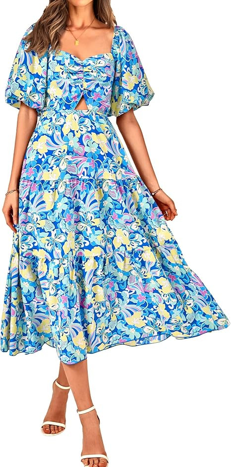 BTFBM Women's Clothing Spring Summer Dresses 2026 Beach Vacation Short Sleeve Smocked Back Boho C... | Amazon (US)