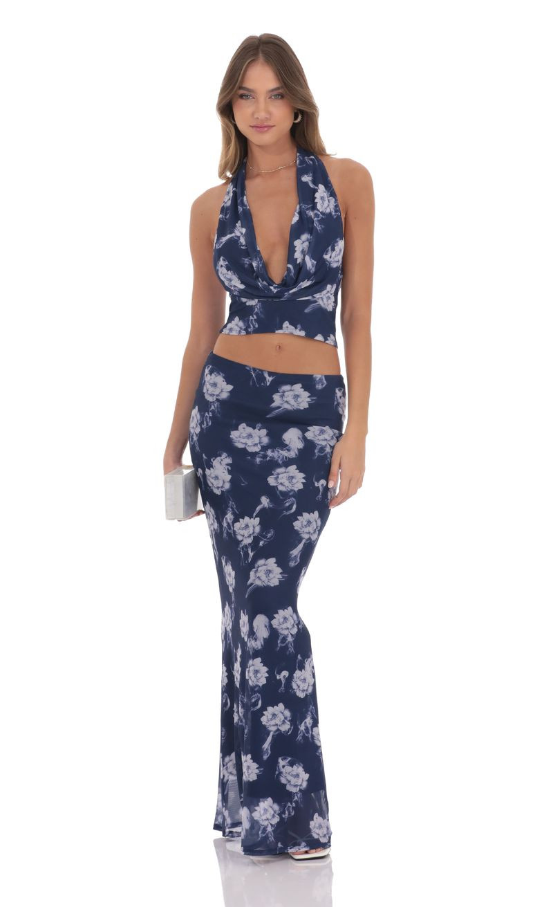 Mesh Floral Plunge Neck Two Piece Set in Navy | Lucy in the Sky