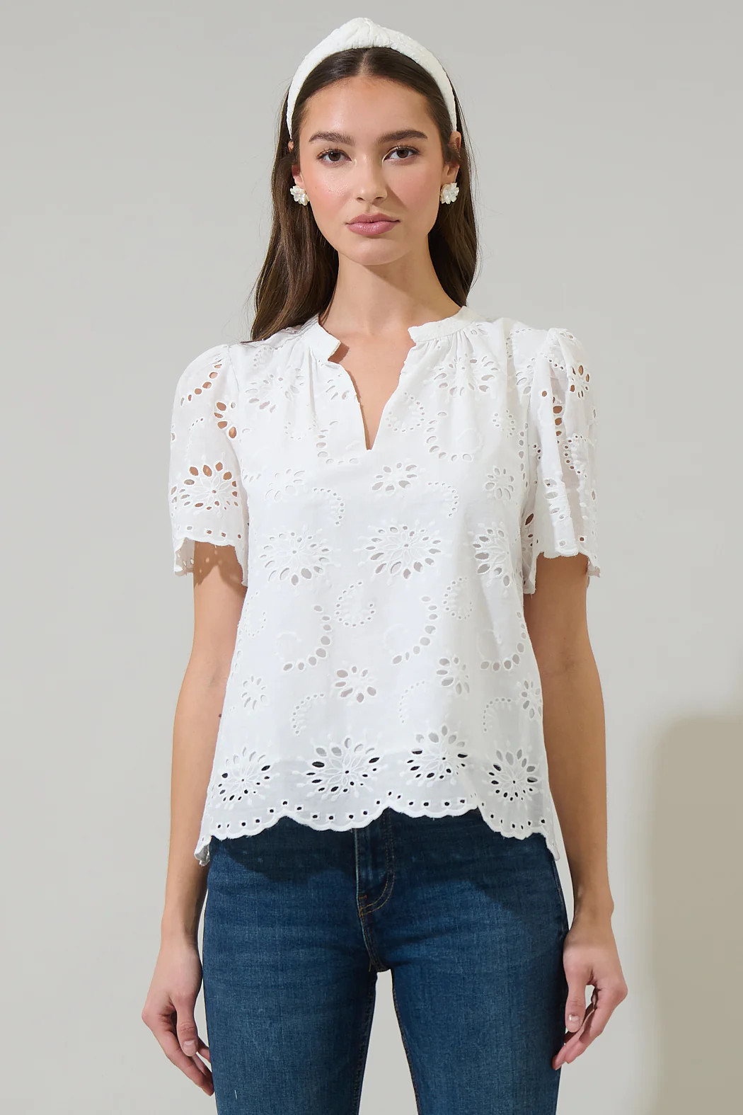 Shirin Eyelet Split Neck Top | Sugarlips