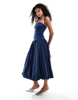 Amy Lynn Alexa shoulder tie puffball midi dress in navy | ASOS (Global)