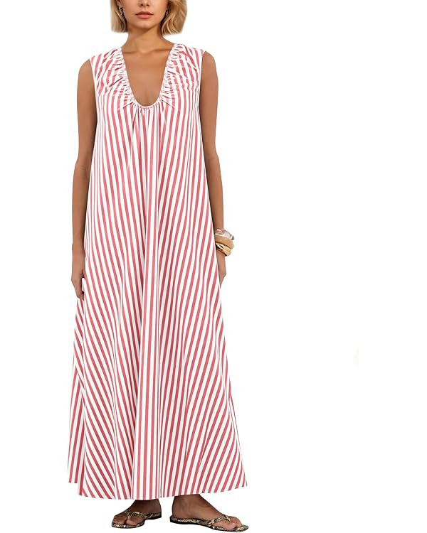 Women Flowy Maxi Dress Ruched Sleeveless Long Dress Vacation Fashion Summer Casual Loose Fit Sund... | Amazon (US)