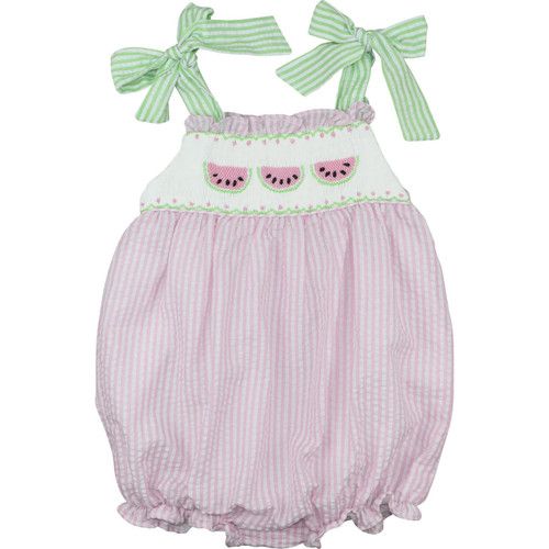 Pink And Green Seersucker Smocked Watermelon Bubble | Cecil and Lou