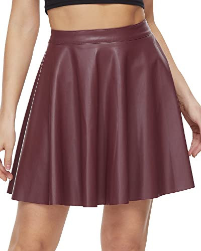 Fahsyee Faux Leather Skater Skirt, Women's Pleated Flare Mini A-line Vegan Tennis Skirts High Waist Casual Plus Size S Red | Amazon (US)