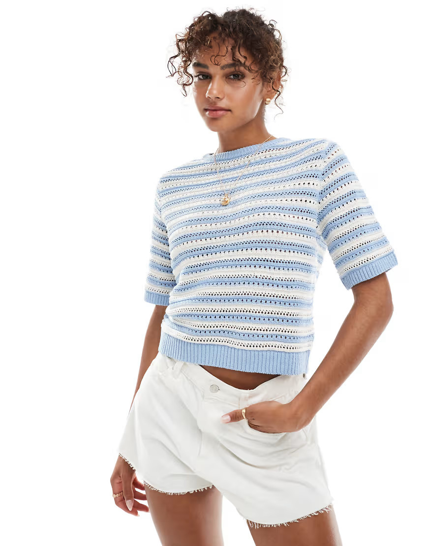 ASOS DESIGN knit half sleeve top in blue stripe-Multi | ASOS (Global)