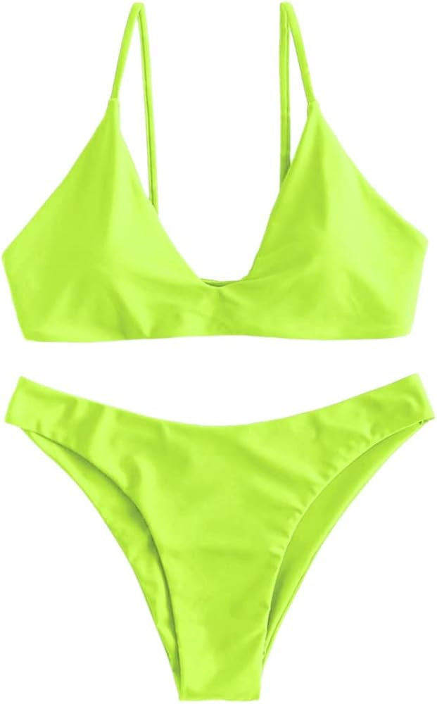 ZAFUL Women's Tie Back Padded High Cut Bralette Bikini Set Two Piece Swimsuit | Amazon (US)