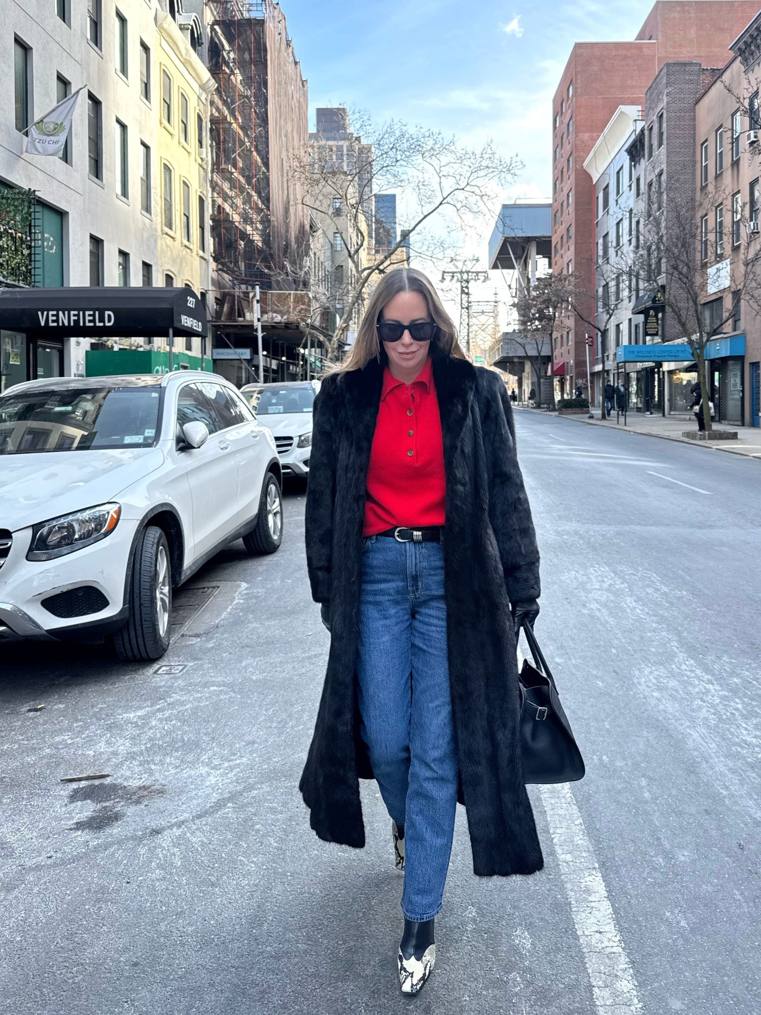 My coat is vintage! Denim runs true to size. Sweater runs true to size as well. Wearing a M.  For the polo sweater via their site, use code HELENA15 for 15 off. 