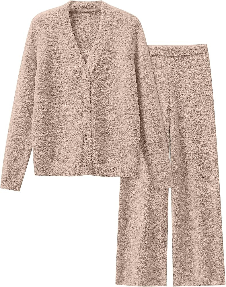 ANRABESS Women Pajama Lounge Sets Fuzzy Fleece 2 Piece Outfits Long Sleeve Cardigan Wide Leg Pant... | Amazon (US)