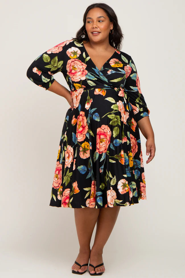 Black Floral Wrap Front Sash Waist Maternity Plus Midi Dress | PinkBlush Maternity
