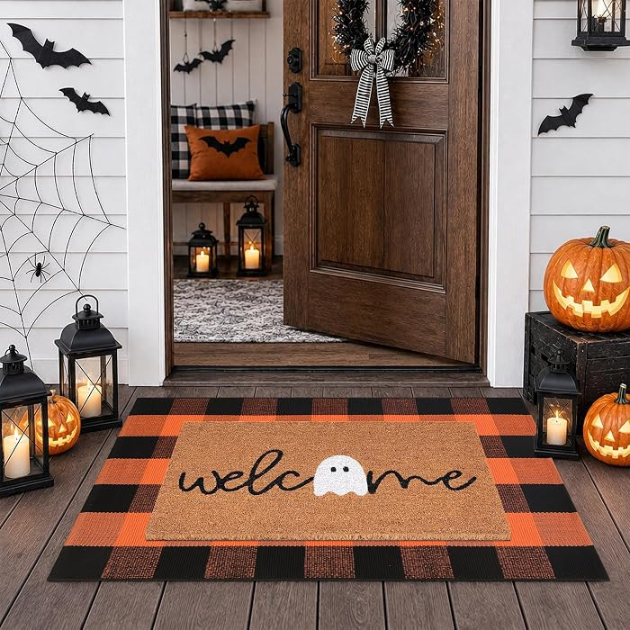 Halloween Decor Doormat Combo Set, Welcome Ghost Coco Coir Welcome Mat + 28" x 43" Orange and Bla... | Amazon (US)