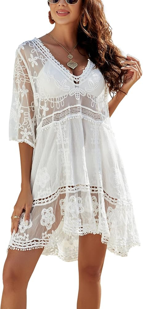 Jeasona Swimsuit Coverups for Women Lace Beach Cover Up Bathing Suit Swim Dress | Amazon (US)