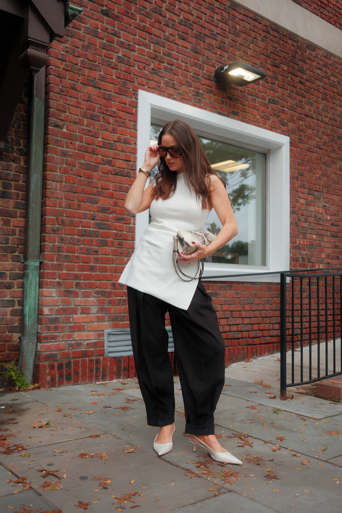 Chic transitional asymmetrical top and the best trousers!! Everything runs true to size.