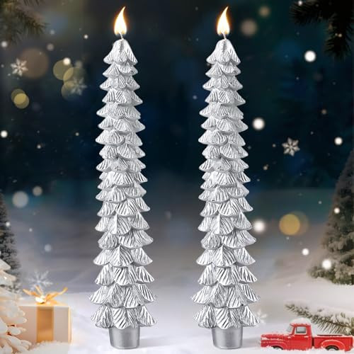 Ceoighe 2 Pcs 10 Inch Christmas Tree Candles, Premium Natural Unscented Beeswax Christmas Tree Shaped Taper Candles with Cotton Wick, for Xmas Holiday Decor Party Banquet (Silver) | Amazon (US)