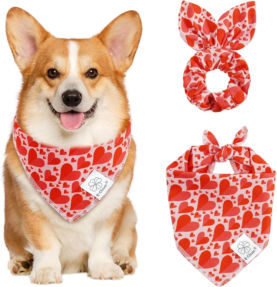 E-Clover Valentines Heart Dog Bandanas & Matching Scrunchie Set Cute Girl Dog Scarf Bibs Pet Band... | Amazon (US)