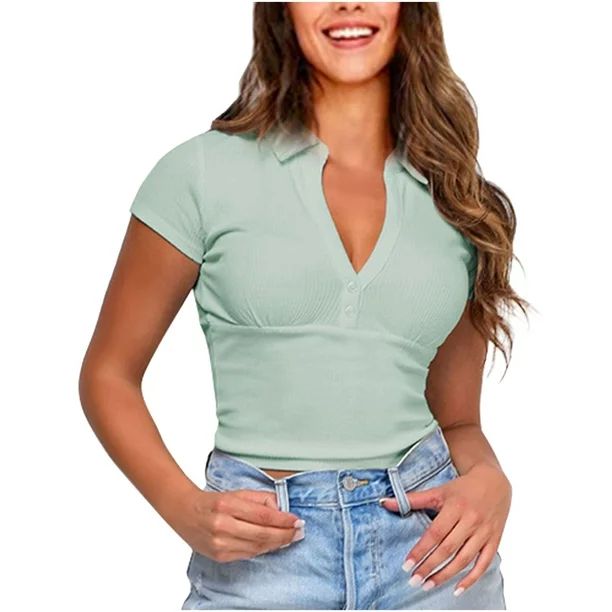 Women's Summer Henley V Neck T Shirts Button up Collared Short Sleeve Knit Ribbed Blouses and Top... | Walmart (US)