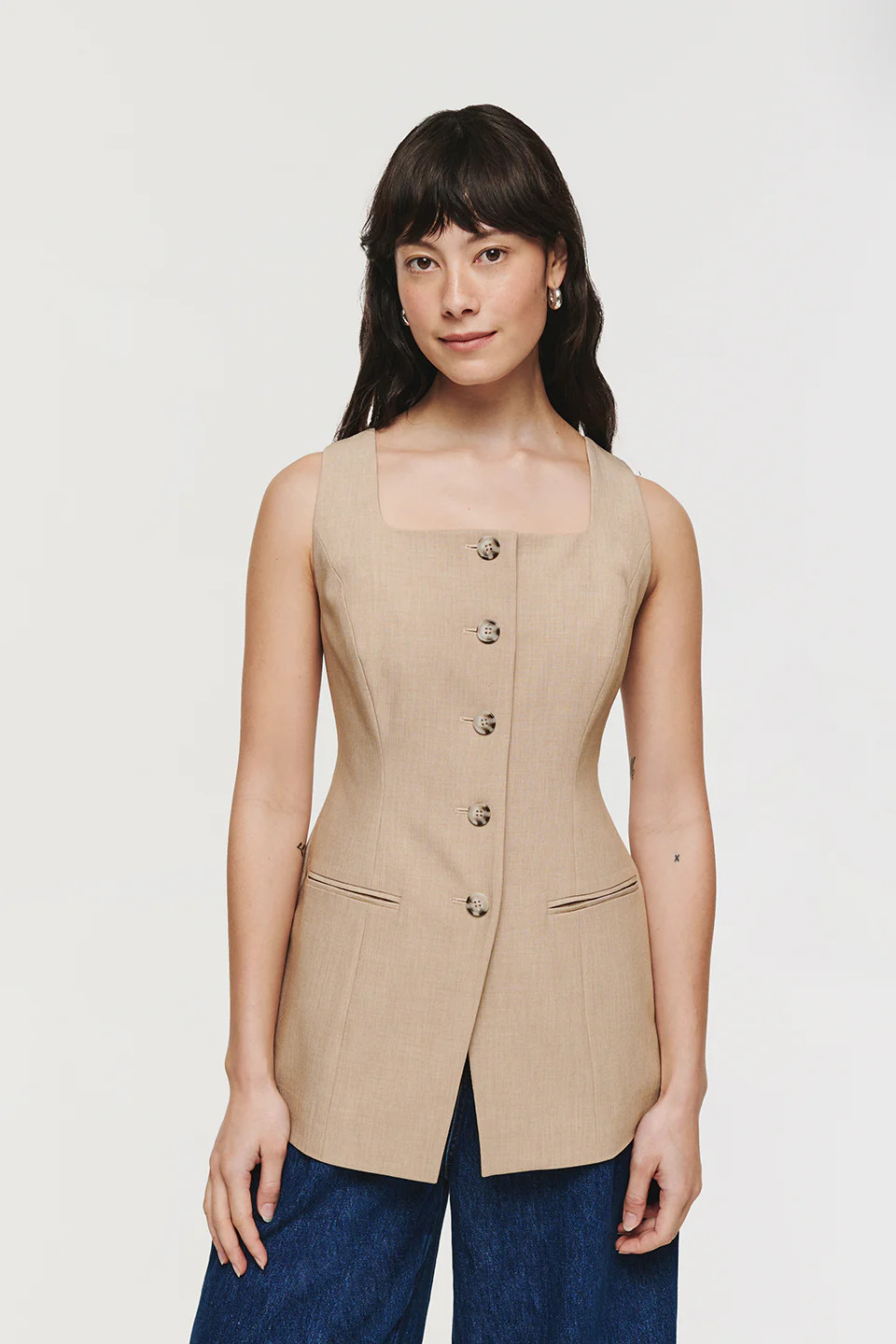Monika | Longline Square Neck Waistcoat in Beige | ALIGNE | Aligne UK