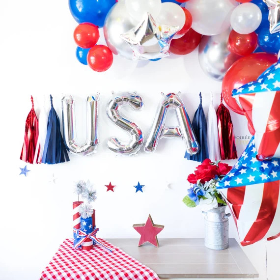 USA BALLOON BANNER | 16" Gold Silver Balloon Paper Tassel Garland, Cake Smash, 4th of July, Patri... | Etsy (US)