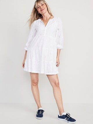 Puff-Sleeve Embroidered Tiered Mini Swing Dress for Women | Old Navy (US)