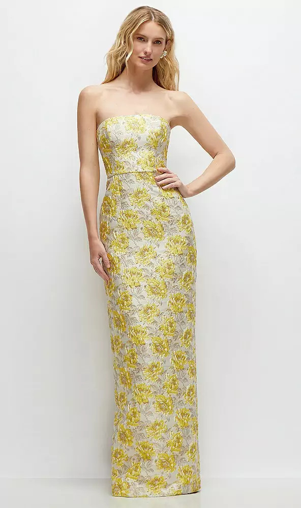 Golden Yellow Strapless Floral Jacquard Column Dress with Back Slit in Golden Yellow | Dessy Group