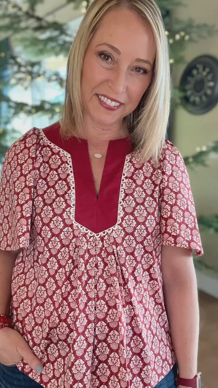 Christmas mode going strong!
Love this better than basic, elevated red blouse. Flutter elbow length sleeves, solid red trim. High quality material!
Add red flats and accessories  

#LTKHoliday #LTKOver40 #LTKShoeCrush