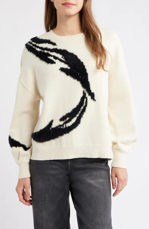 Wit & Wisdom Mixed Media Blouson Sleeve Sweater in Ivory/Black at Nordstrom, Size Small | Nordstrom