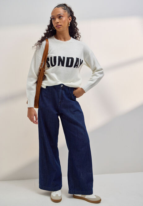 Womens Ecru & Black Sunday Slogan Knitted Jumper | Peacocks