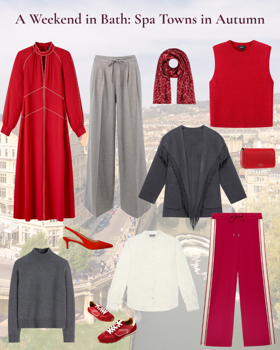 What to pack -weekend in Bath - Grey fringe wool coat, grey tweed trousers, grey knit, red joggers, red knit vest, cream cord blouse, red accessories 

 #LTKuk #LTKtravel #LTKover50style