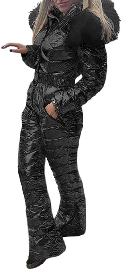 Women Winter Onesies Ski Suit Fur Collar coat Ski Jumpsuit Snowsuit | Amazon (US)