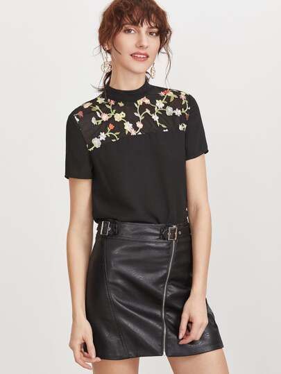Flower Embroidered Yoke Tie Back Top | SHEIN