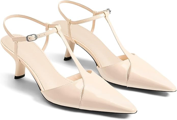 Amazon.com | Coutgo Womens Low Kitten Heels Closed Pointed Toe Cutout T-Strap Pumps Wedding Prom ... | Amazon (US)
