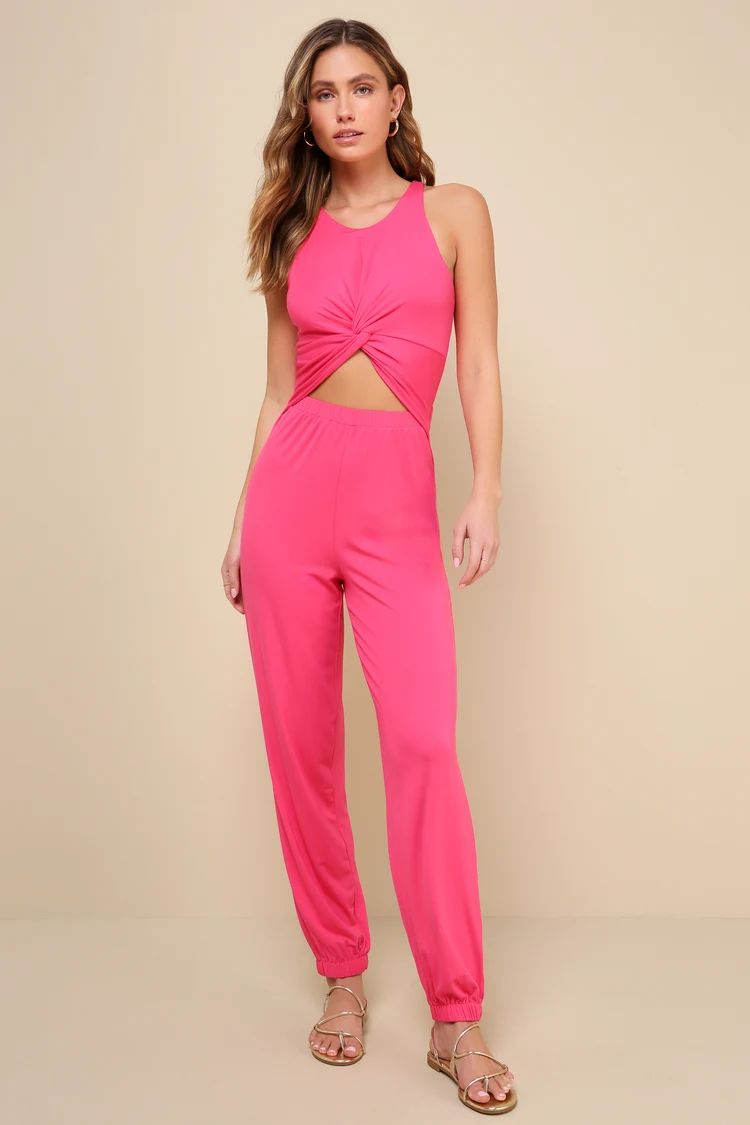 Fun-Loving Comfort Hot Pink Twist-Front Cutout Jogger Jumpsuit | Lulus