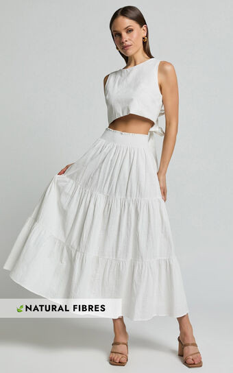 Ruby Midi Skirt - Shirred High Waist Cotton Tiered Skirt in Off White | Showpo (ANZ)