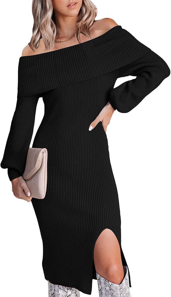 Meenew Women's Off Shoulder Sweater Dress Slim Fitted Midi Party Dress with Slit | Amazon (US)