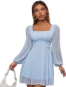 WDIRARA Women's Polka Dots Mesh Square Neck Bishop Sleeve Chiffon Dress | Amazon (US)