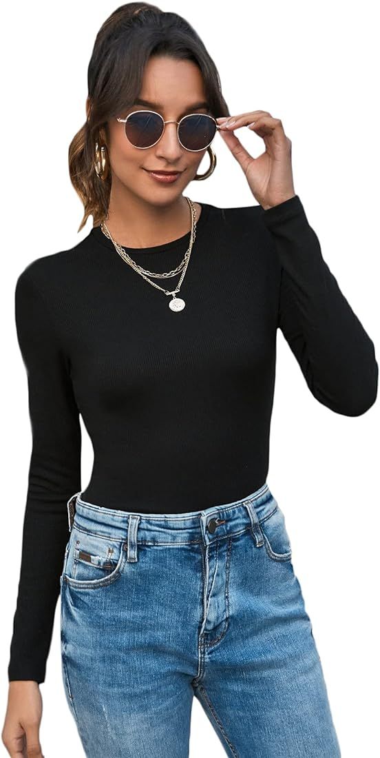 MakeMeChic Women's Solid Rib Knit Round Neck Long Sleeve Tee T-Shirt Top | Amazon (US)