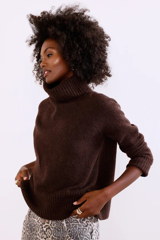 Found the Warmth Dark Brown Turtleneck Pullover Sweater | Lulus