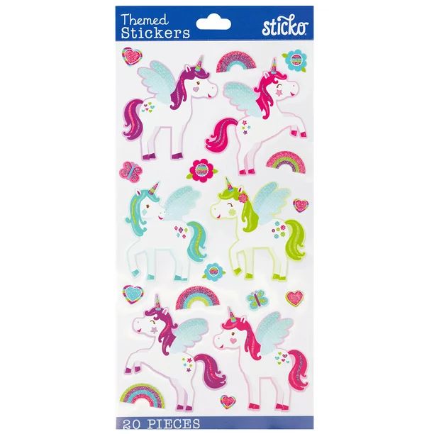Sticko Solid Classic Multicolor Unicorns Everyday Plastic Stickers, 20 Stickers | Walmart (US)