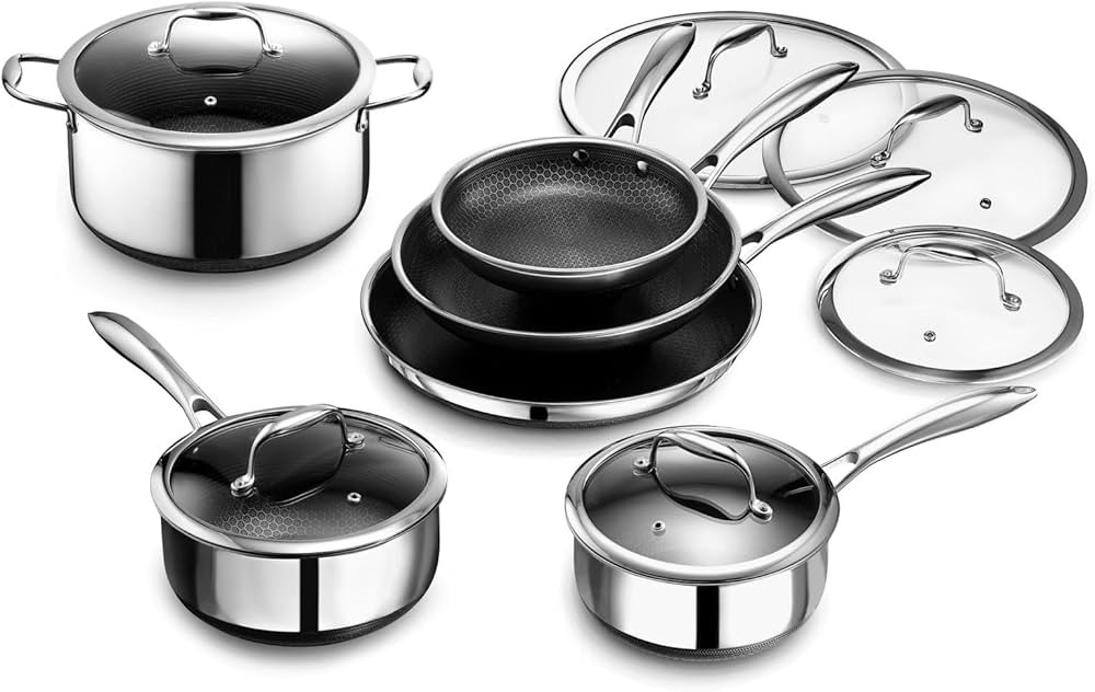 HexClad 12 Piece Hybrid Stainless Steel Cookware Set - 6 Piece Frying Pan Set and 6 Piece Pot Set... | Amazon (US)