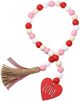 Valentine’s Day Wood Bead Garland with Tassels and Love Heart Shaped Wooden Embellishments Rust... | Amazon (US)